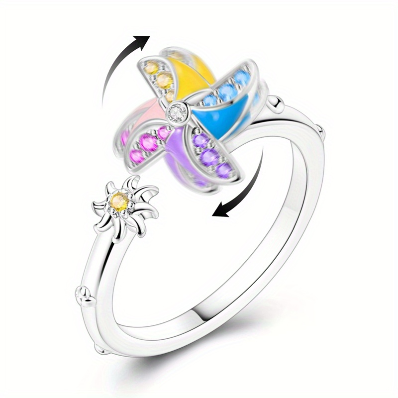 Pure Silver 925 Rotating Windmill Ring Inlaid Zirconia